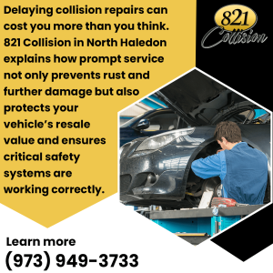 Technician working on a car at 821 Collision in North Haledon, New Jersey. Prompt auto body repair prevents rust, protects resale value, and ensures critical safety systems are correct.