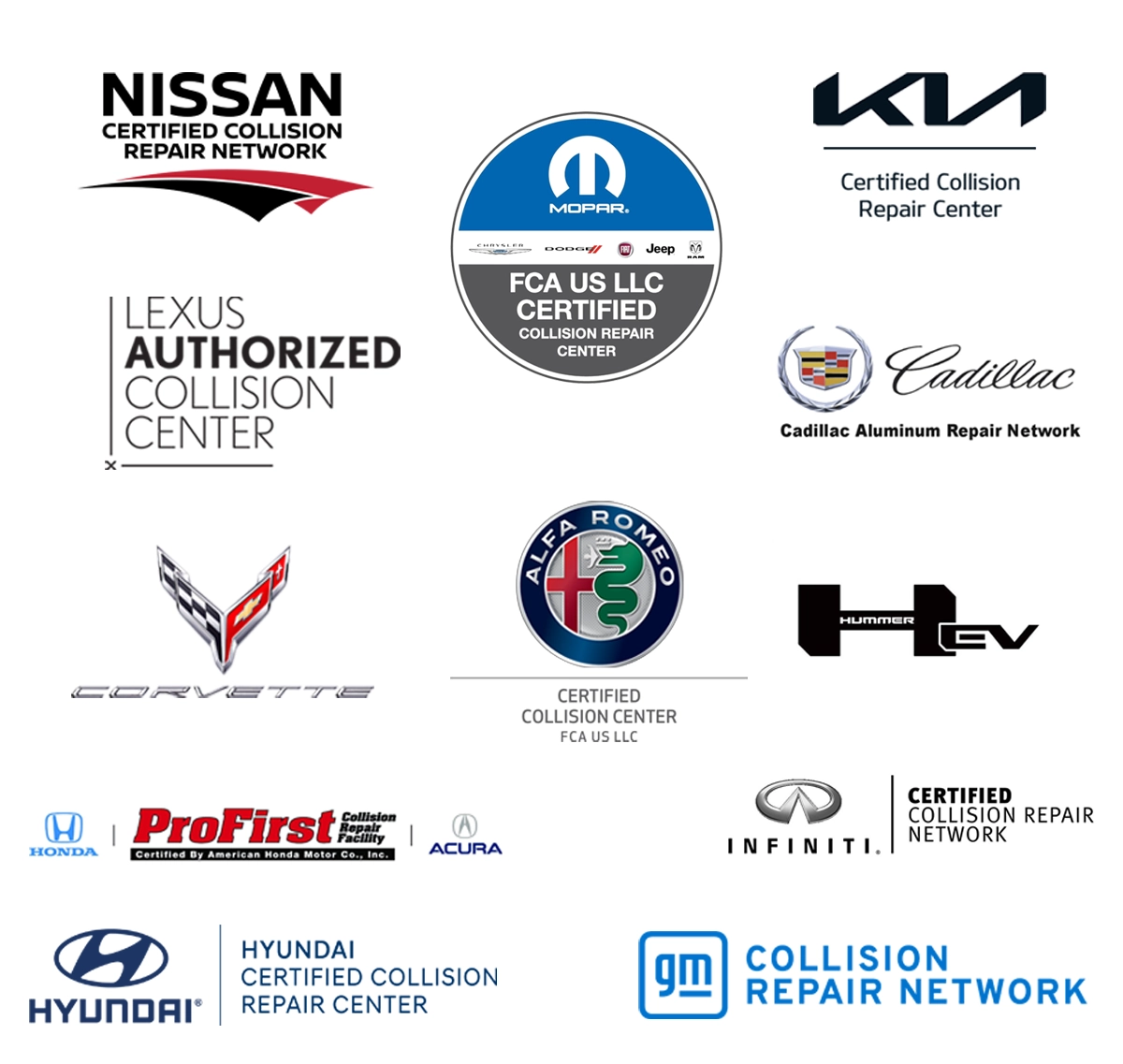 all the certification icons that 821 Collision holds