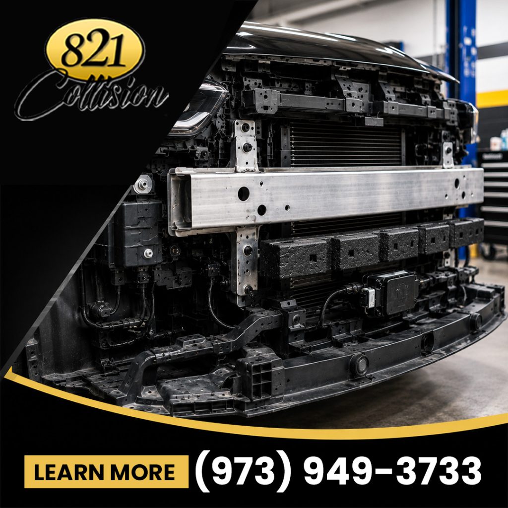Disassembled front end of a black vehicle exposing the aluminum bumper reinforcement bar, crash structure, and radar sensor unit.