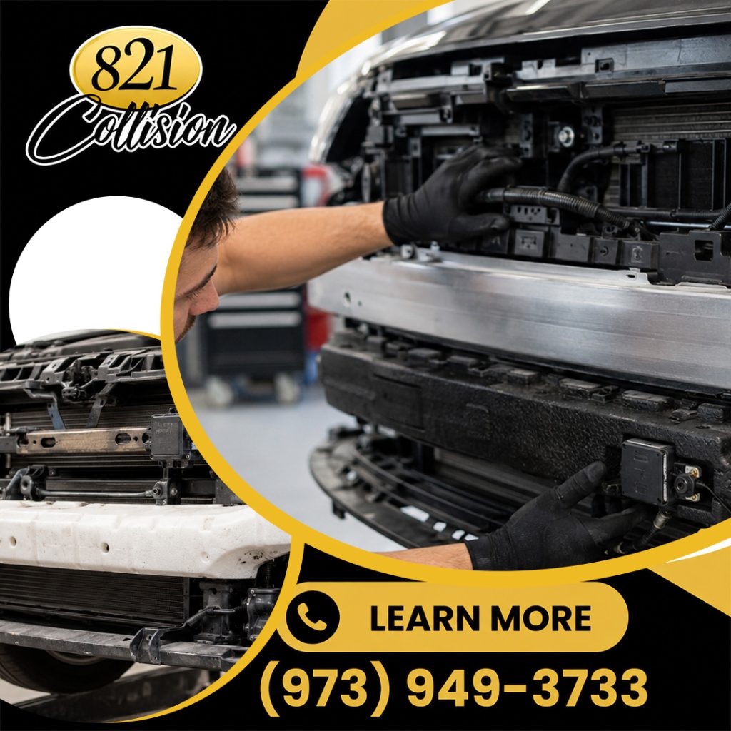 An auto collision technician wearing black gloves inspecting and installing a front bumper sensor module on a disassembled vehicle frame.